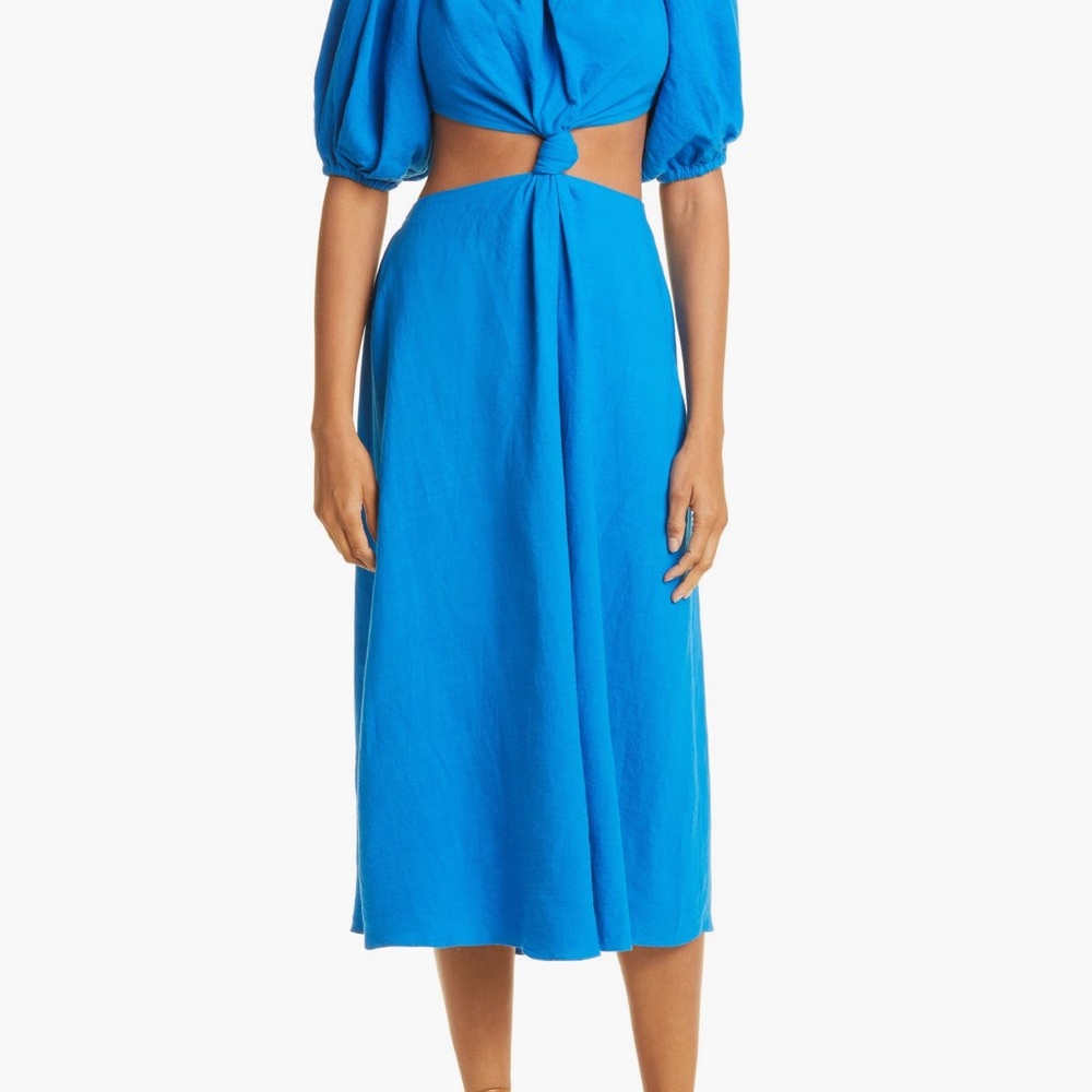 FARM Rio Blue Puff Sleeve linen midi cutout dress